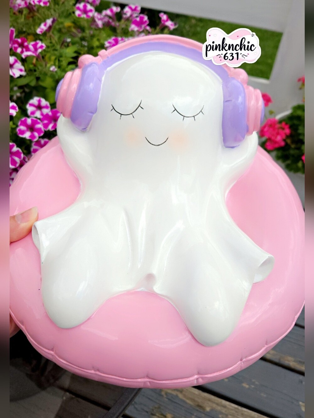 Summerween Large Ghost On Inner Tube With Headphones Halloween Summer